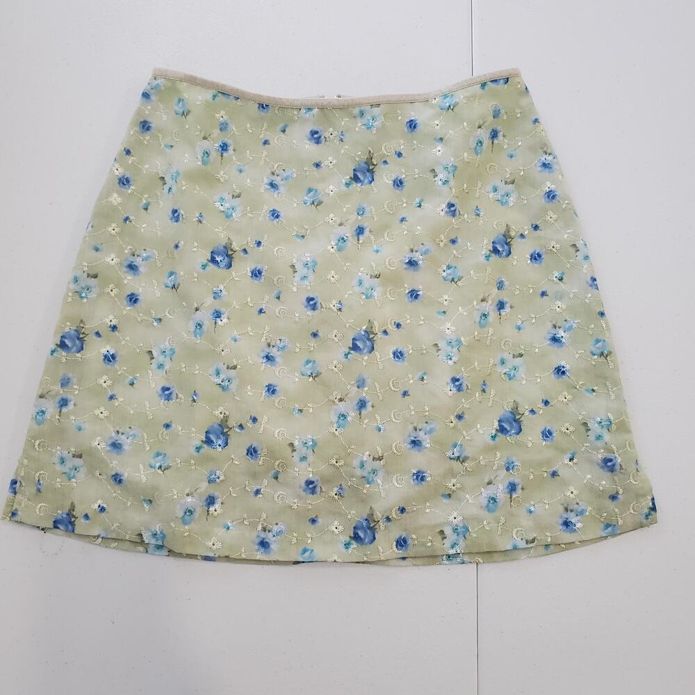 Y2K 90s Mini Skirt Womens 5 Green Blue Floral Embroidered A-Line Eyelet